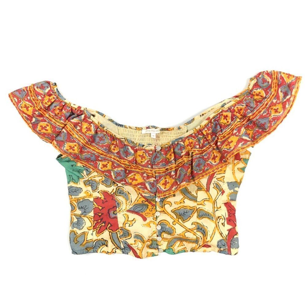 ANTHROPOLOGIE Love The Label Ruffled Crop Top Button Down Western Boho Medium